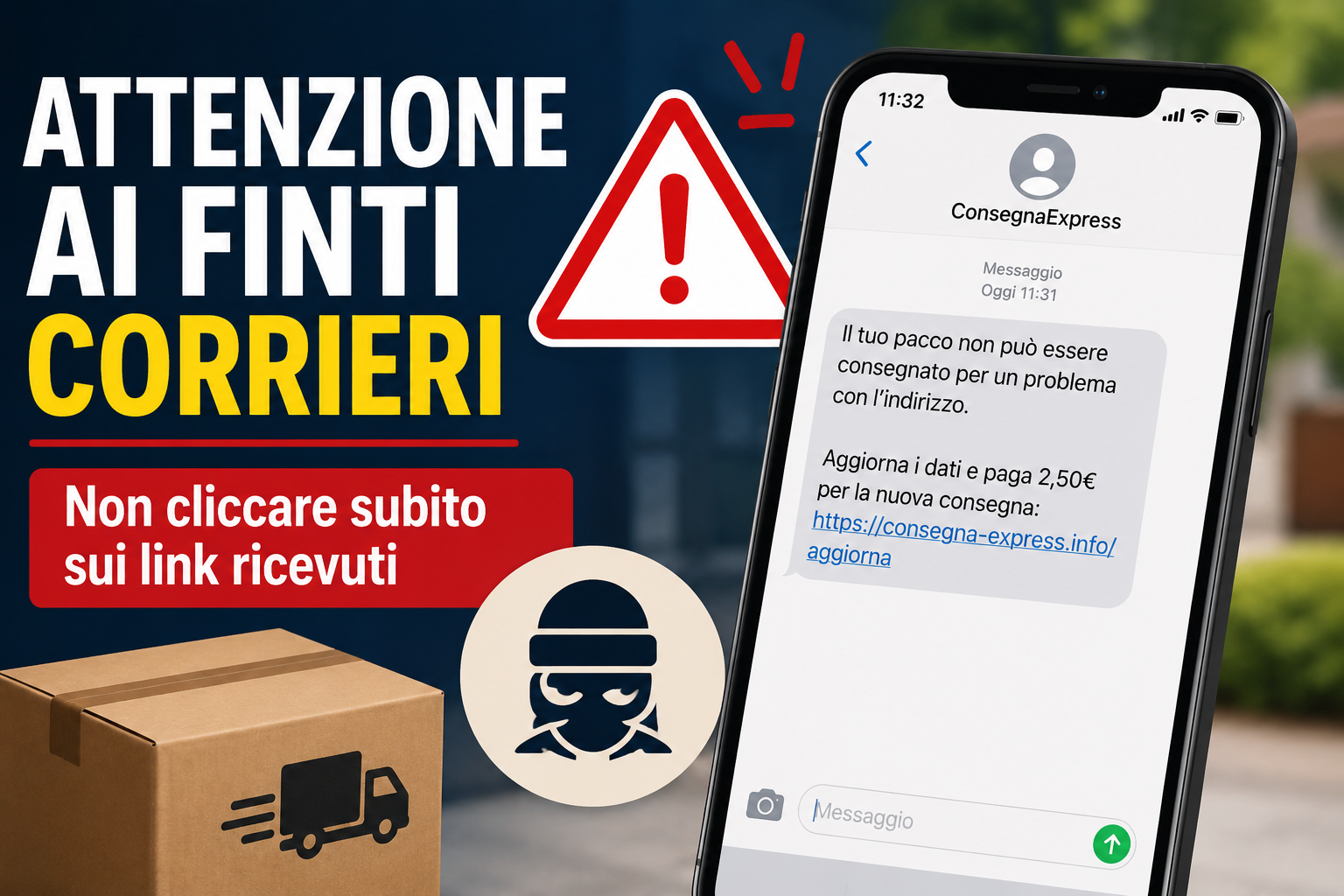 Smartphone con SMS sospetto di un finto corriere che richiede un pagamento per completare una consegna e invita a cliccare su un link.