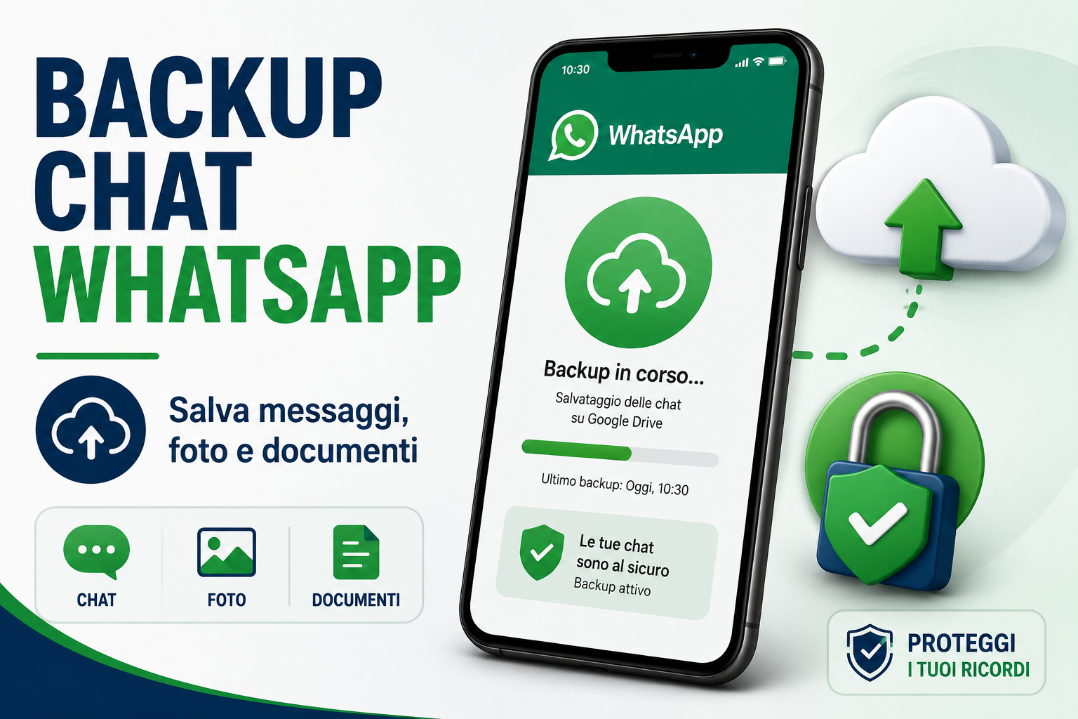 Smartphone con WhatsApp e simbolo cloud che rappresenta il backup delle chat e dei dati.