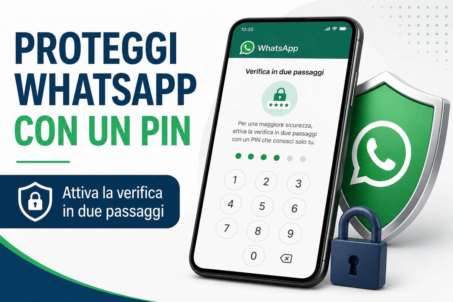 Smartphone con WhatsApp aperto e schermata di verifica in due passaggi per proteggere l'account con un PIN di sicurezza.