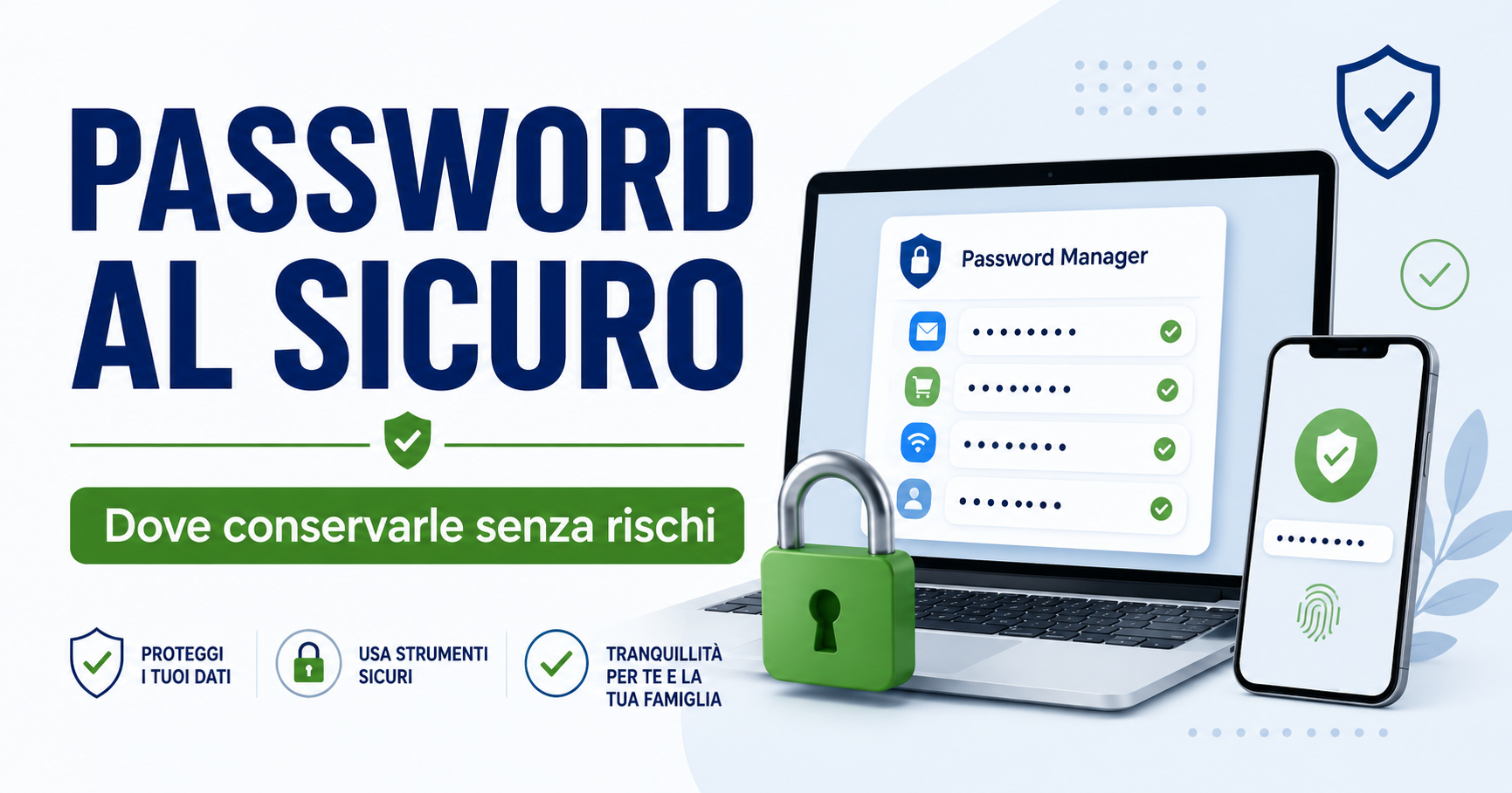 Lucchetto digitale, smartphone e password protette per spiegare dove conservare le password in modo sicuro.