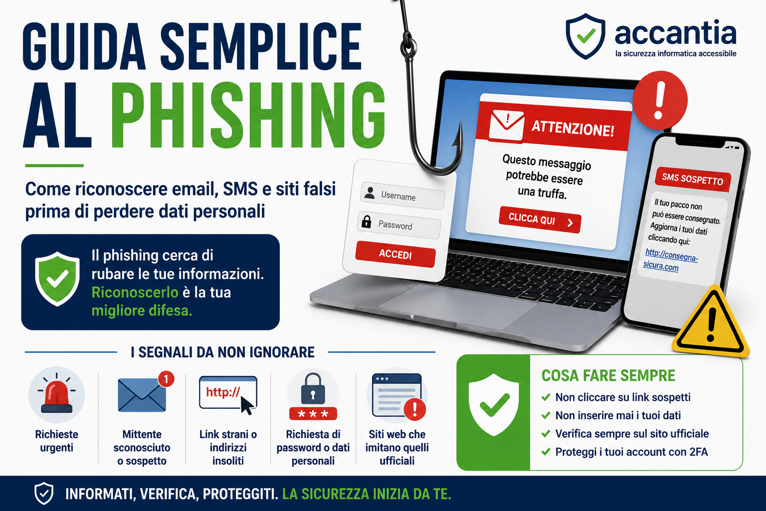 Infografica che spiega cos'è il phishing e come riconoscere email, SMS e siti web falsi utilizzati per rubare password e dati personali.
