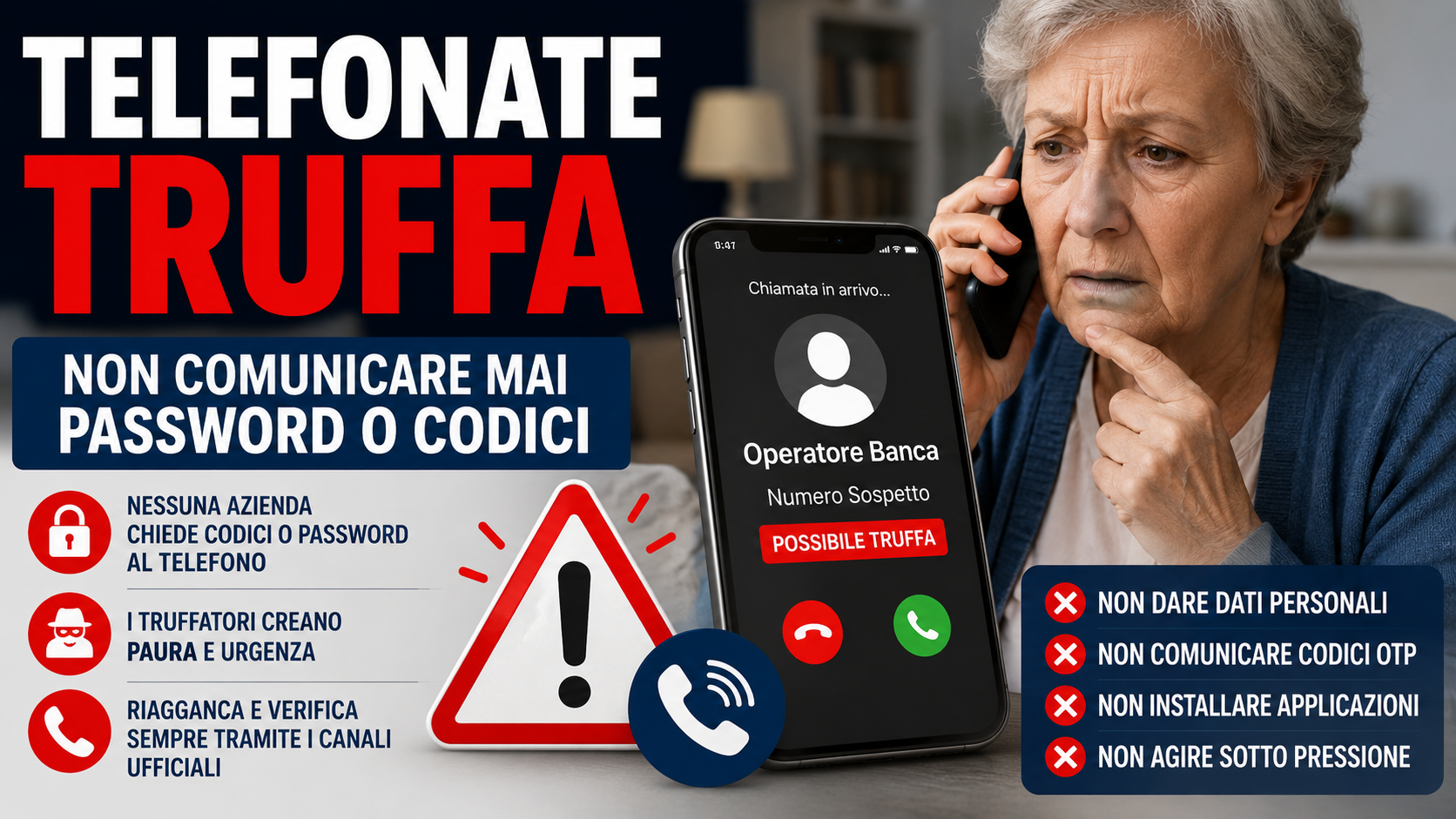 Persona anziana preoccupata durante una telefonata sospetta mentre sullo smartphone compare una chiamata che sembra provenire dalla banca. Immagine informativa sulle truffe telefoniche.