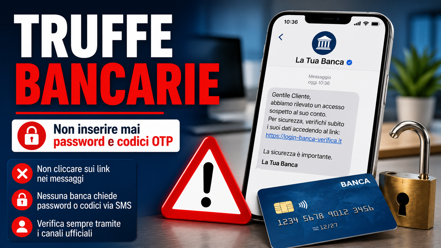 Smartphone con falso SMS della banca che richiede credenziali e codici di sicurezza per accedere al conto corrente.