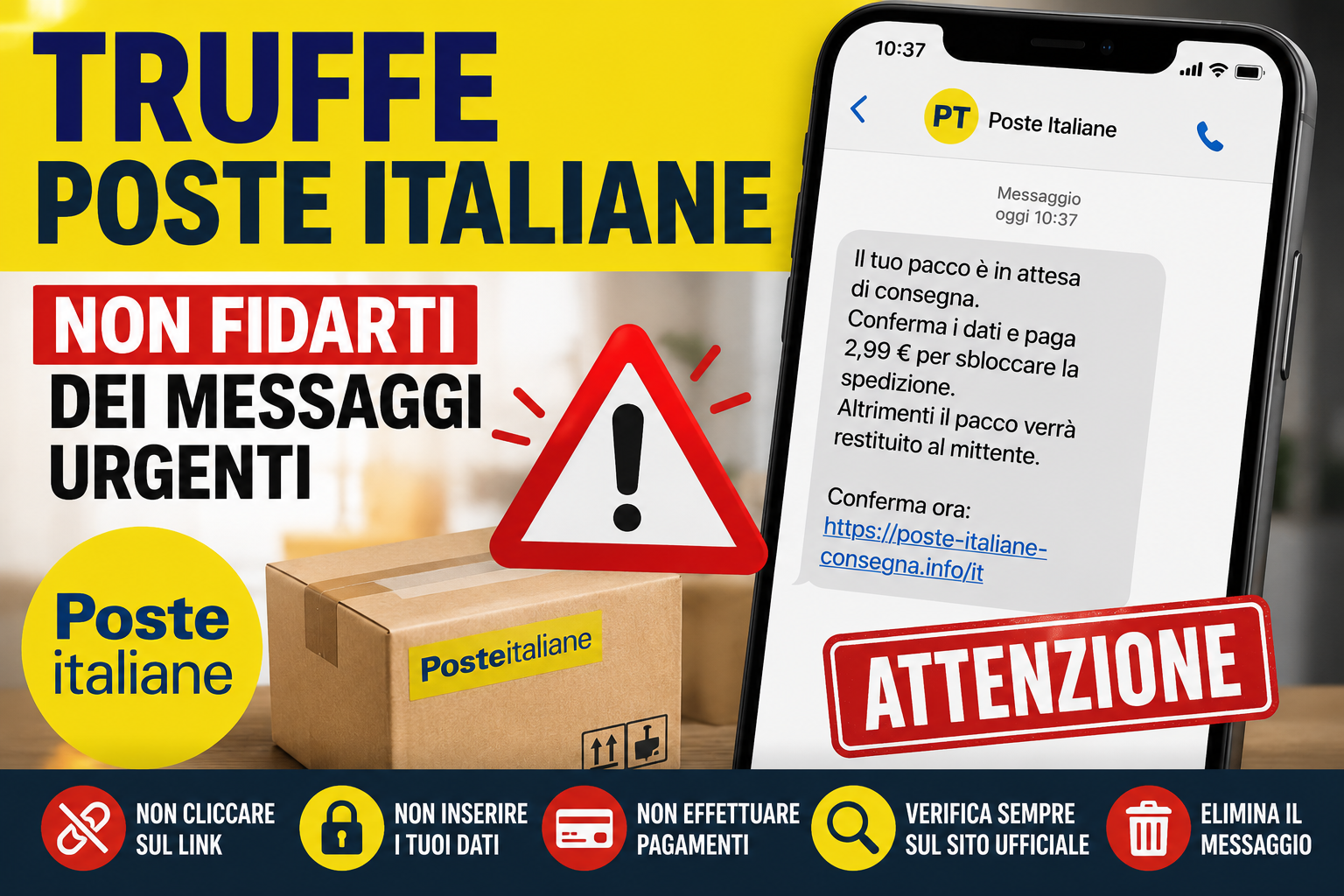 Smartphone con falso messaggio di Poste Italiane che richiede un pagamento per una consegna bloccata, con simboli di attenzione e avvisi contro le truffe online.