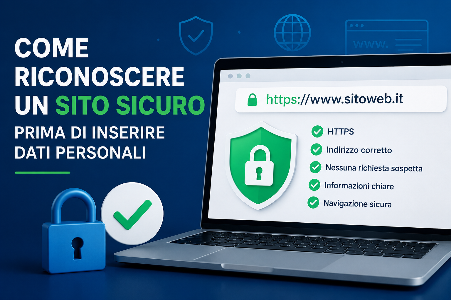 Illustrazione che mostra come verificare se un sito web è sicuro controllando HTTPS, il lucchetto e altri segnali di sicurezza online.