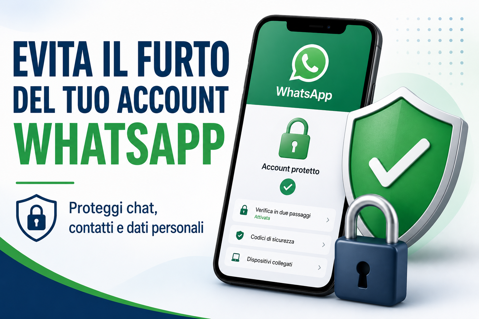 Smartphone con WhatsApp protetto da un lucchetto e uno scudo di sicurezza per prevenire il furto dell'account WhatsApp.