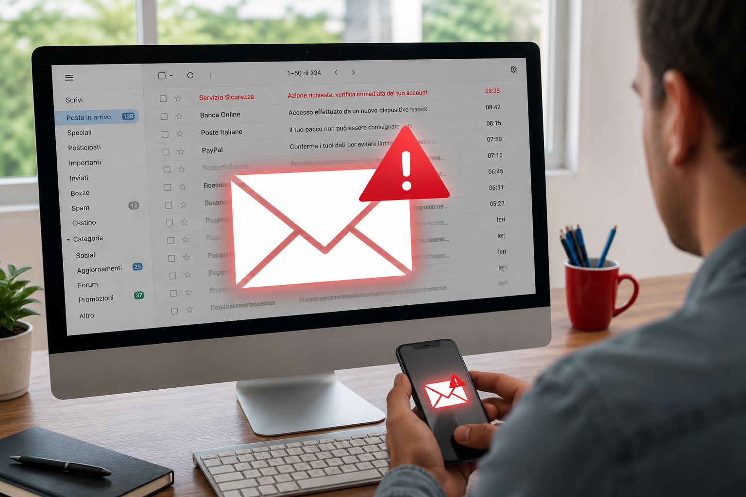Persona che controlla una email sospetta sul computer e sullo smartphone con avviso di possibile tentativo di phishing.