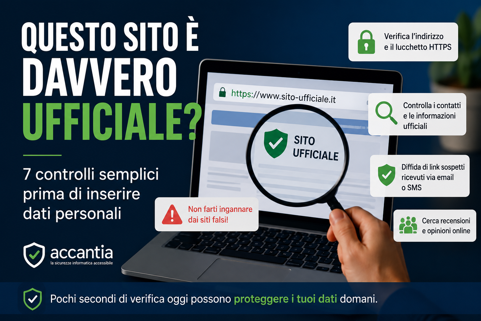 Illustrazione che mostra come verificare se un sito è davvero ufficiale prima di inserire dati personali, password o informazioni bancarie.