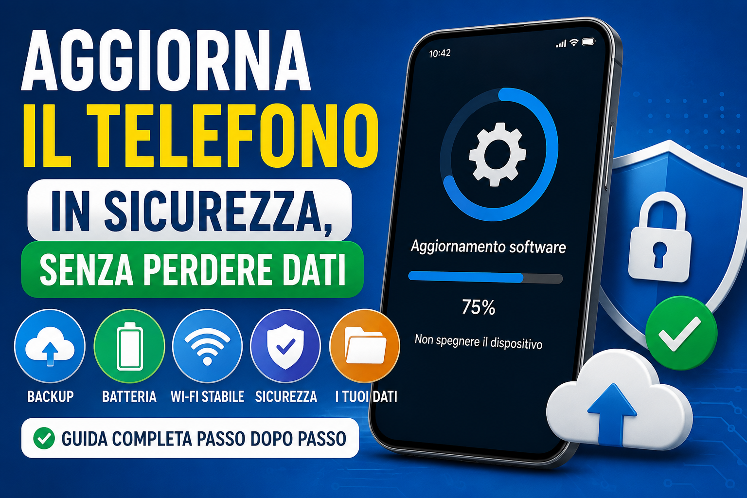Smartphone con aggiornamento software in corso, icona di backup, batteria carica, Wi-Fi stabile e lucchetto di sicurezza.