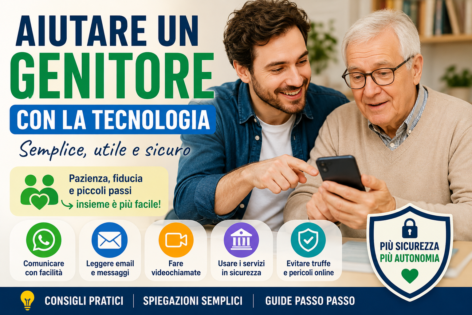 Figlio adulto che aiuta un genitore a usare smartphone, WhatsApp e servizi digitali in modo semplice e sicuro.