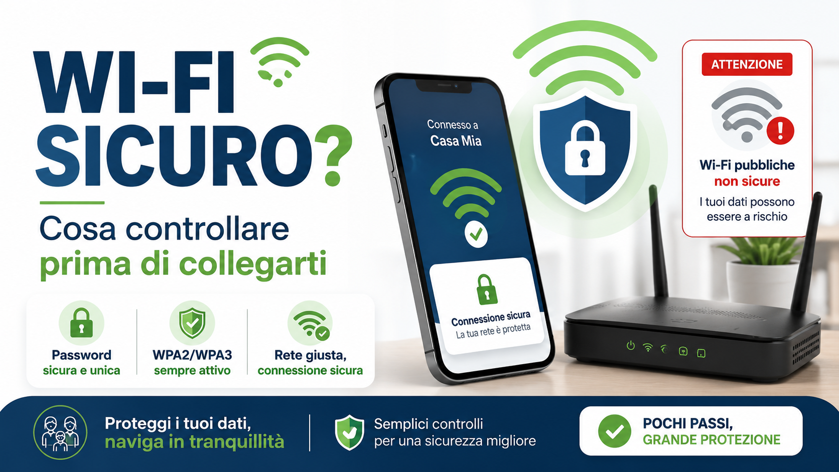 Smartphone collegato a una rete Wi-Fi protetta con lucchetto, router sicuro e avviso di rete non protetta.