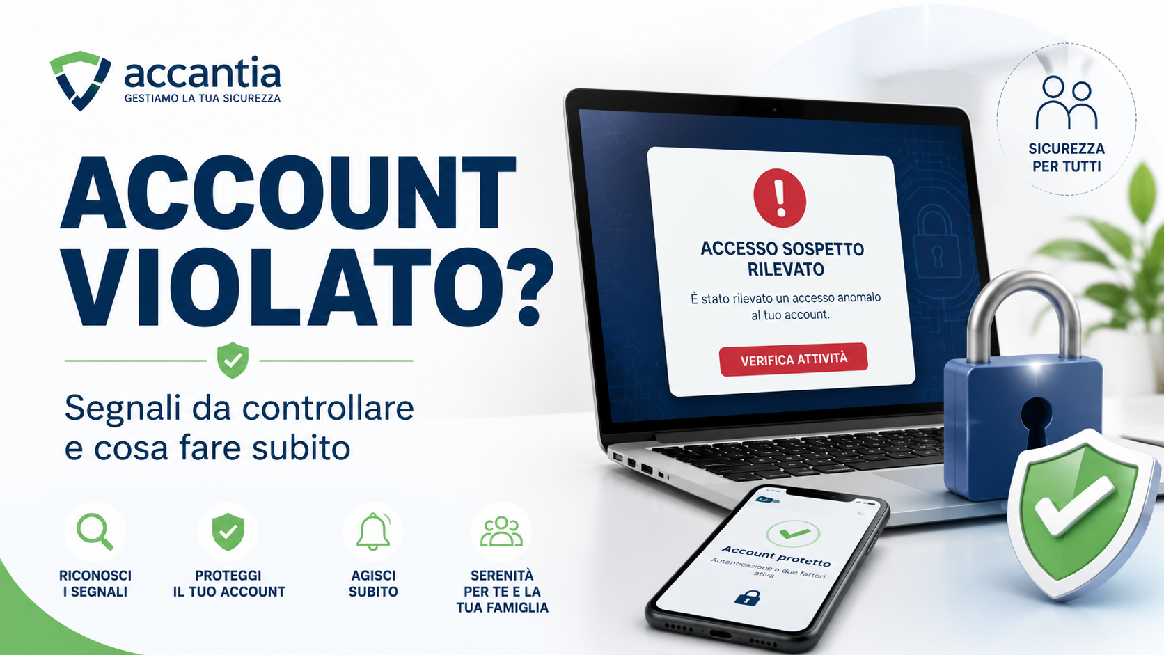 Schermata di account online con avviso di accesso sospetto, lucchetto digitale e simboli di sicurezza.