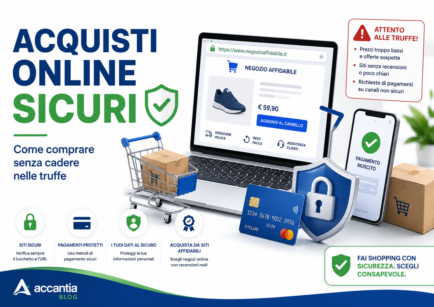Computer e smartphone con carrello online, carta di pagamento protetta, lucchetto digitale e avviso di sito sospetto.