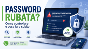 Smartphone con avviso di password rubata, lucchetto digitale, controllo sicurezza e simboli di protezione account.