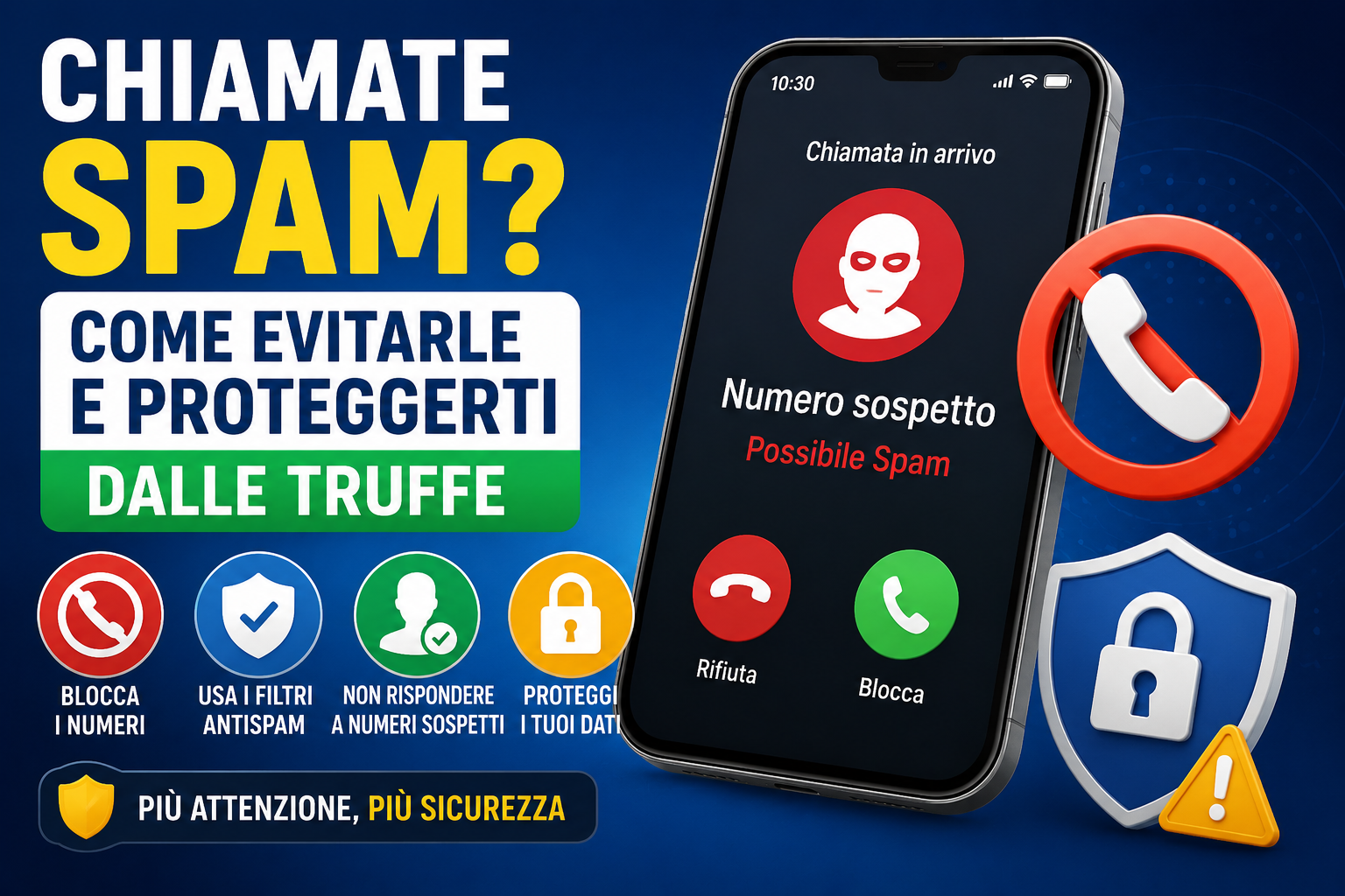 Smartphone con chiamata spam in arrivo, icona di blocco, filtro antispam e simboli di protezione della privacy.