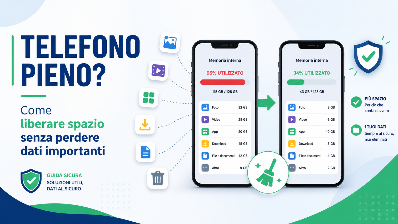 Smartphone con memoria quasi piena, icone di foto, video, app e cestino per spiegare come liberare spazio sul telefono.
