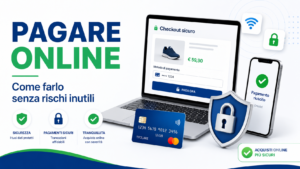 Smartphone e computer con pagamento online protetto, carta di pagamento, lucchetto digitale e conferma di sicurezza della banca.