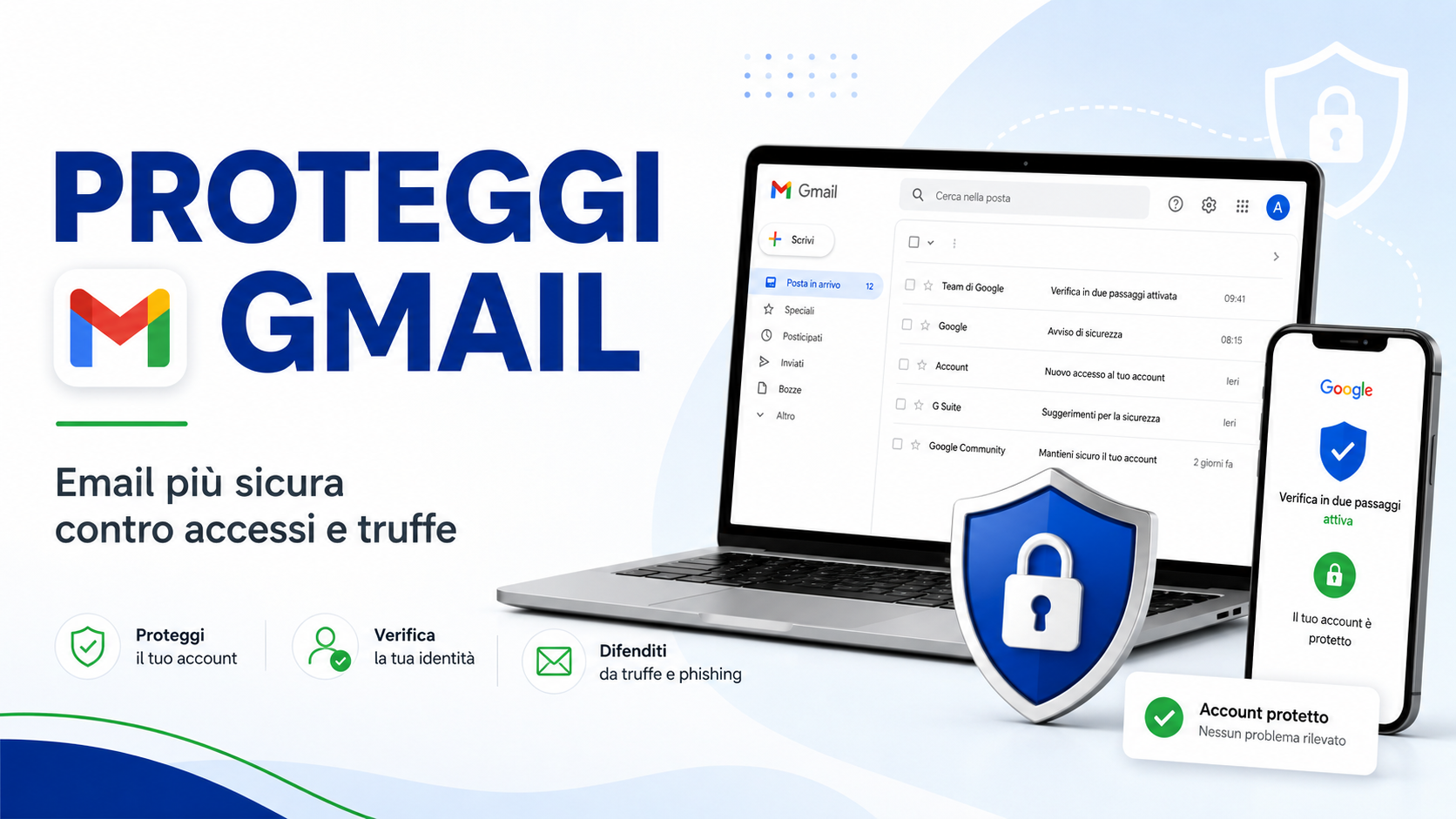 Schermata Gmail protetta da lucchetto digitale, scudo di sicurezza e verifica in due passaggi per proteggere l’account email.