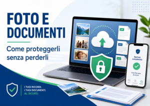 Smartphone e computer con foto, documenti importanti, cloud backup, lucchetto digitale e simboli di protezione dei dati.