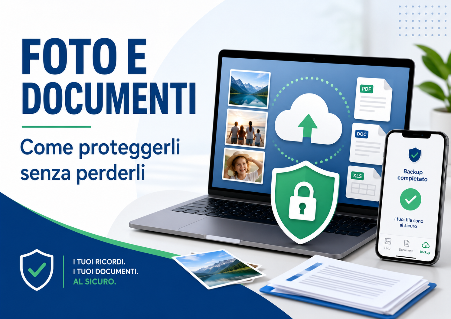 Smartphone e computer con foto, documenti importanti, cloud backup, lucchetto digitale e simboli di protezione dei dati.