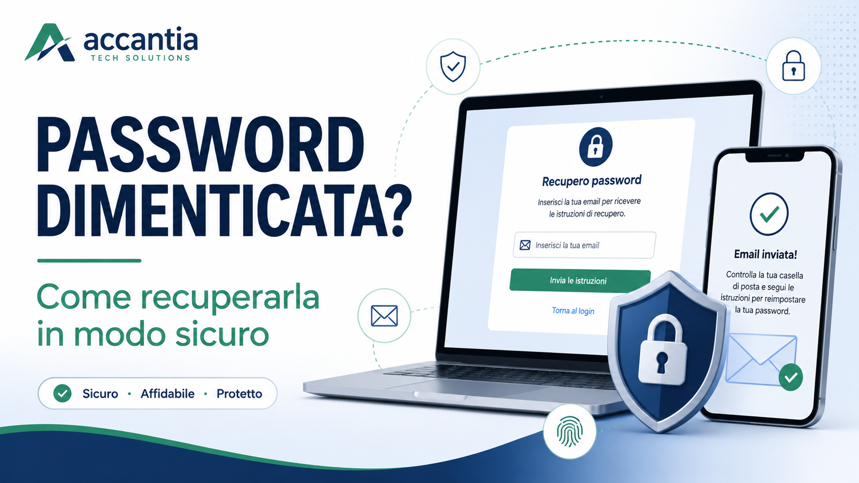 Smartphone e computer con schermata di recupero password, lucchetto digitale e simboli di sicurezza account.