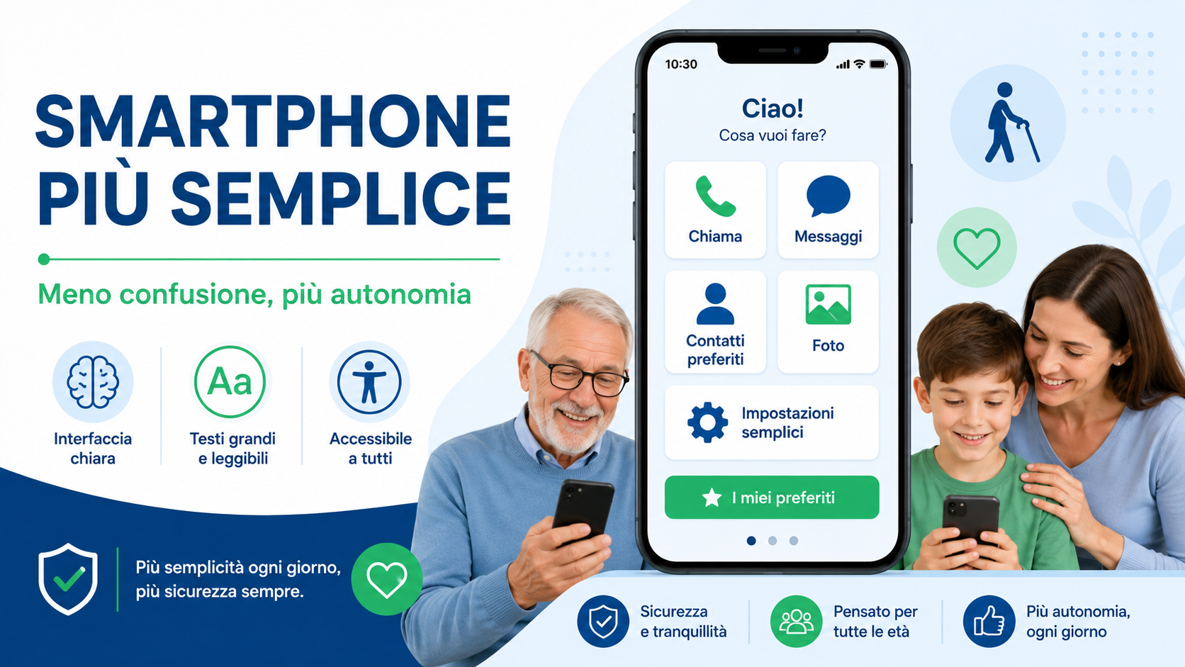 Smartphone con icone grandi, testo leggibile, contatti importanti e simboli di sicurezza digitale.