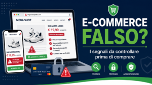 Computer e smartphone con negozio online sospetto, prezzo troppo basso, lucchetto digitale e segnali di attenzione prima dell’acquisto.