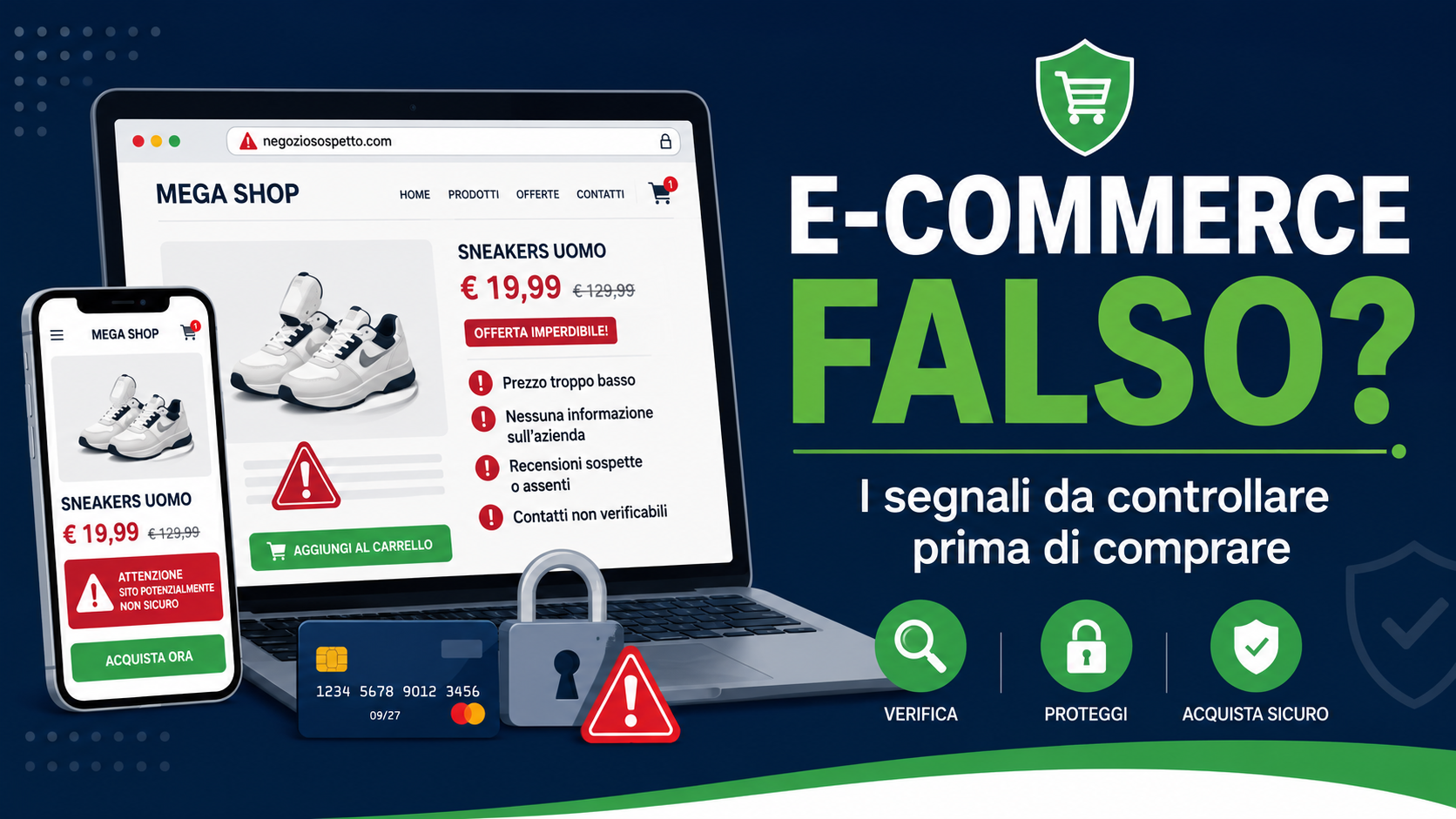 Computer e smartphone con negozio online sospetto, prezzo troppo basso, lucchetto digitale e segnali di attenzione prima dell’acquisto.