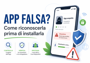 Smartphone con app sospetta, icona di avviso, falso download e simboli di protezione digitale.