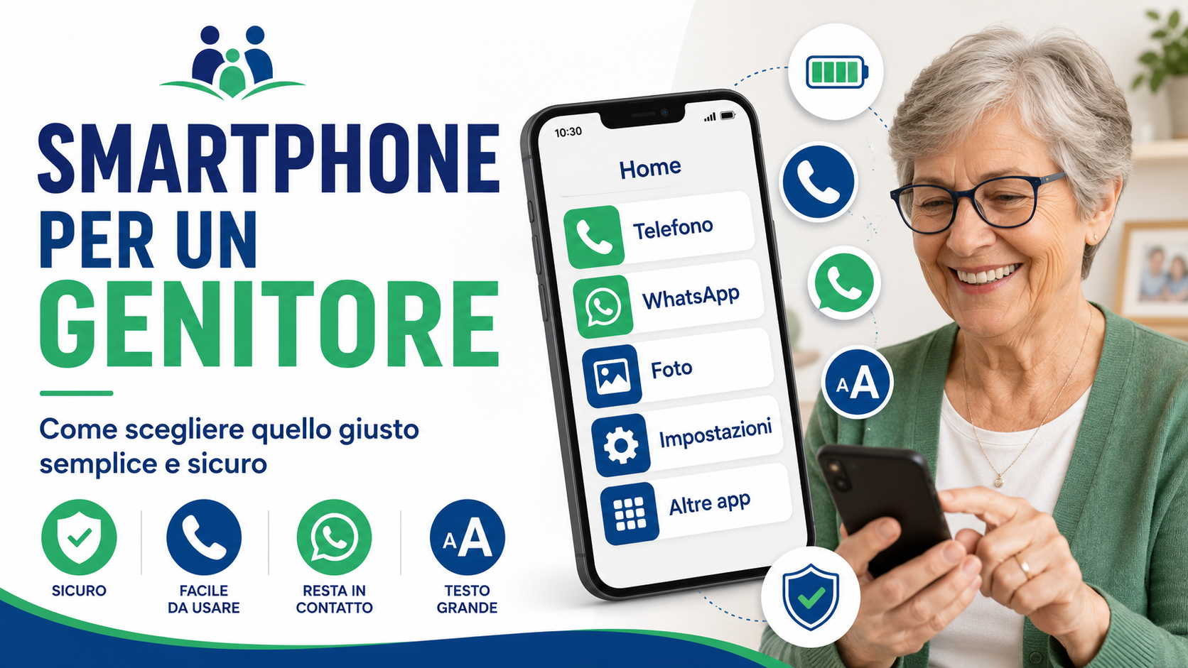 Genitore con smartphone semplice da usare, icone grandi, testo leggibile e simboli di sicurezza digitale.