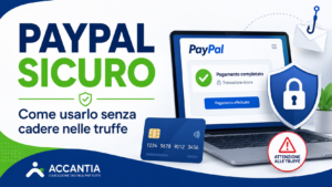 Smartphone e computer con conto PayPal protetto, lucchetto digitale, pagamento sicuro e avviso di email falsa.