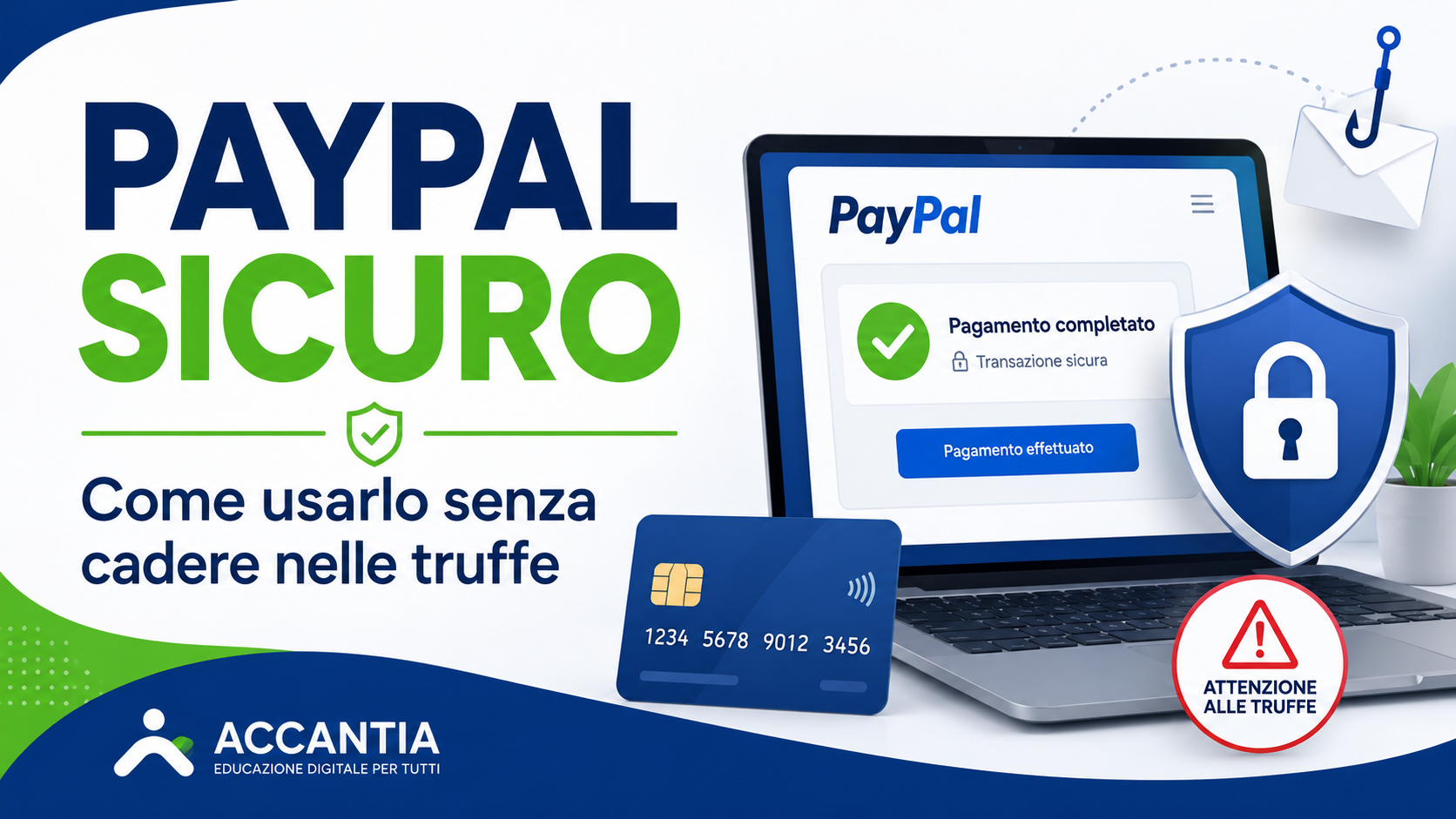 Smartphone e computer con conto PayPal protetto, lucchetto digitale, pagamento sicuro e avviso di email falsa.