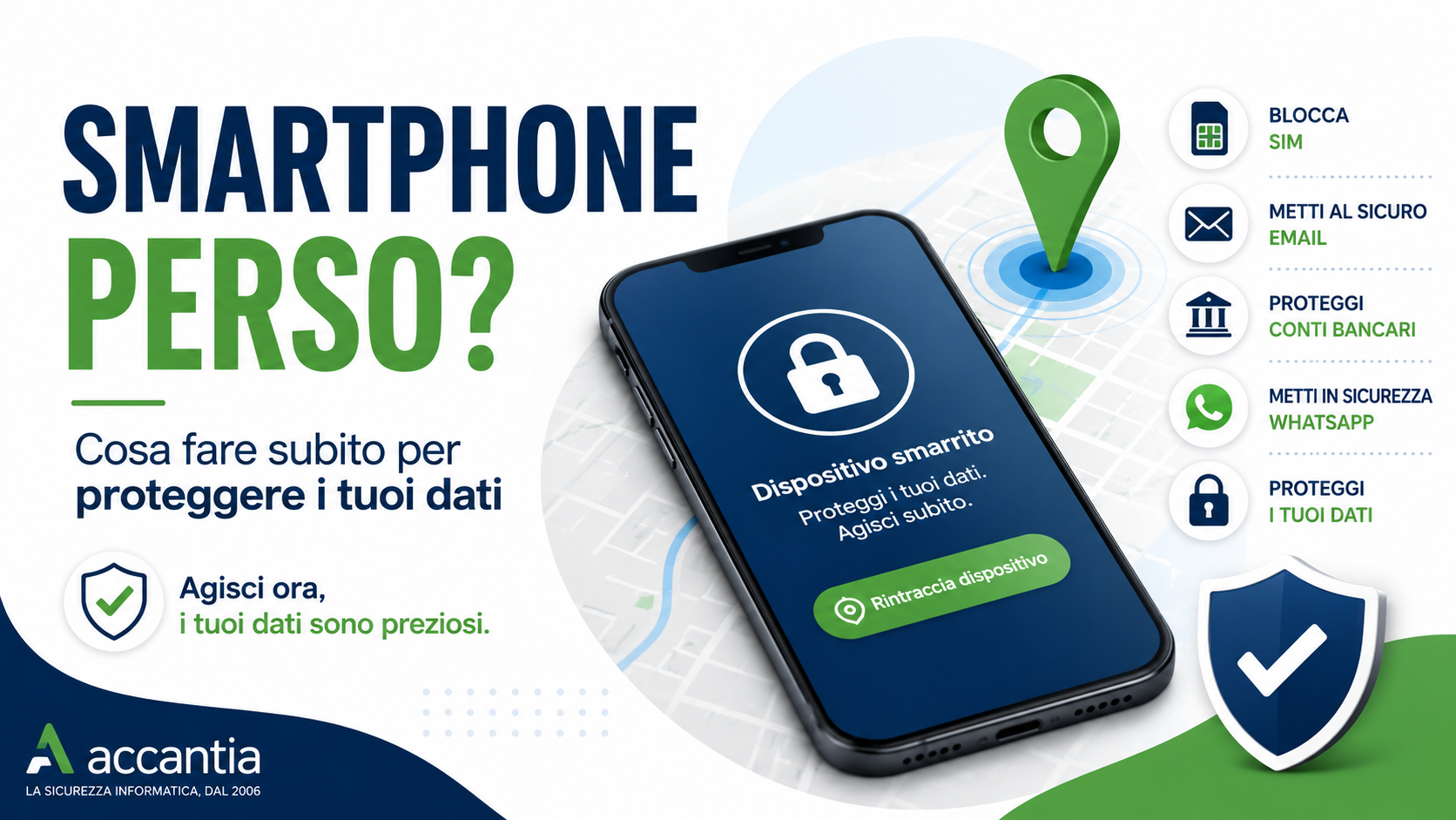 Smartphone smarrito con mappa di localizzazione, lucchetto digitale, blocco remoto e simboli di protezione dei dati personali.