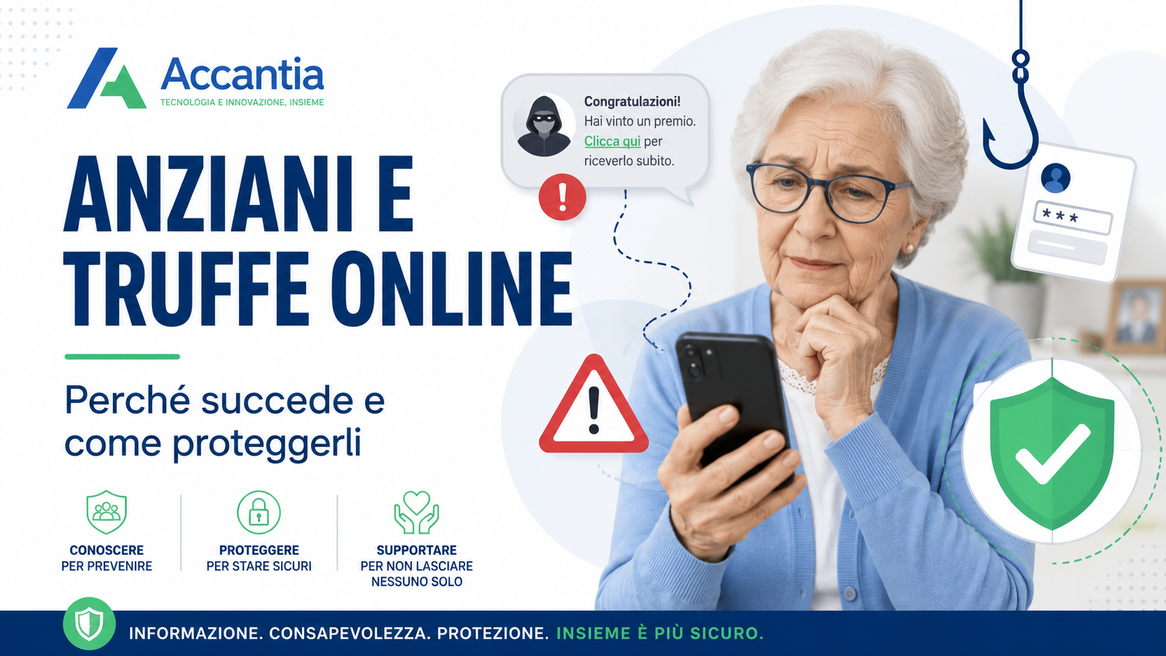 Persona anziana con smartphone davanti a messaggi sospetti, icone di truffa online, phishing e protezione digitale.