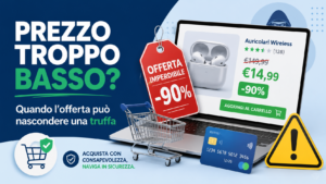 Computer e smartphone con offerta online sospetta, prezzo molto basso, carrello, carta di pagamento e segnale di attenzione.