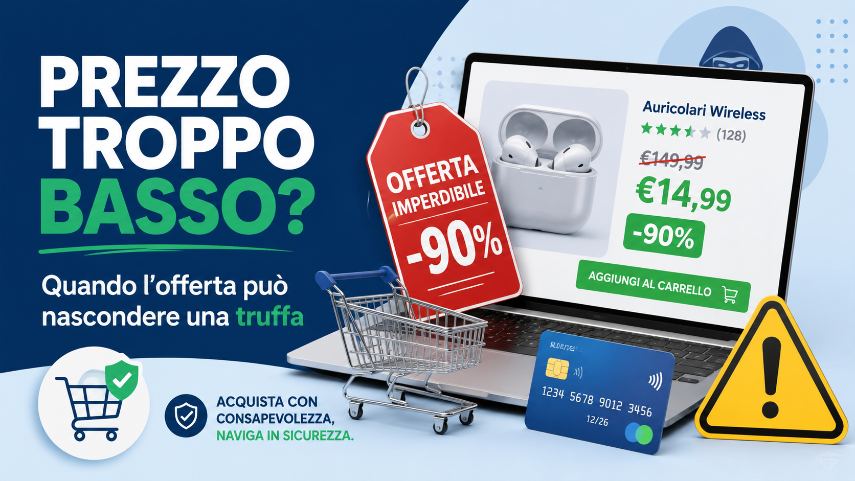 Computer e smartphone con offerta online sospetta, prezzo molto basso, carrello, carta di pagamento e segnale di attenzione.